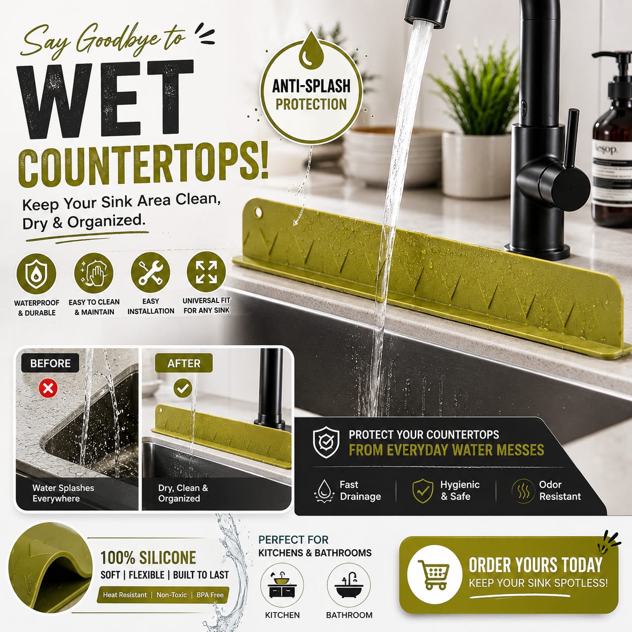 Silicone Sink Splash Guard-Anti Splash Faucet Protector for Kitchen & Bathroom